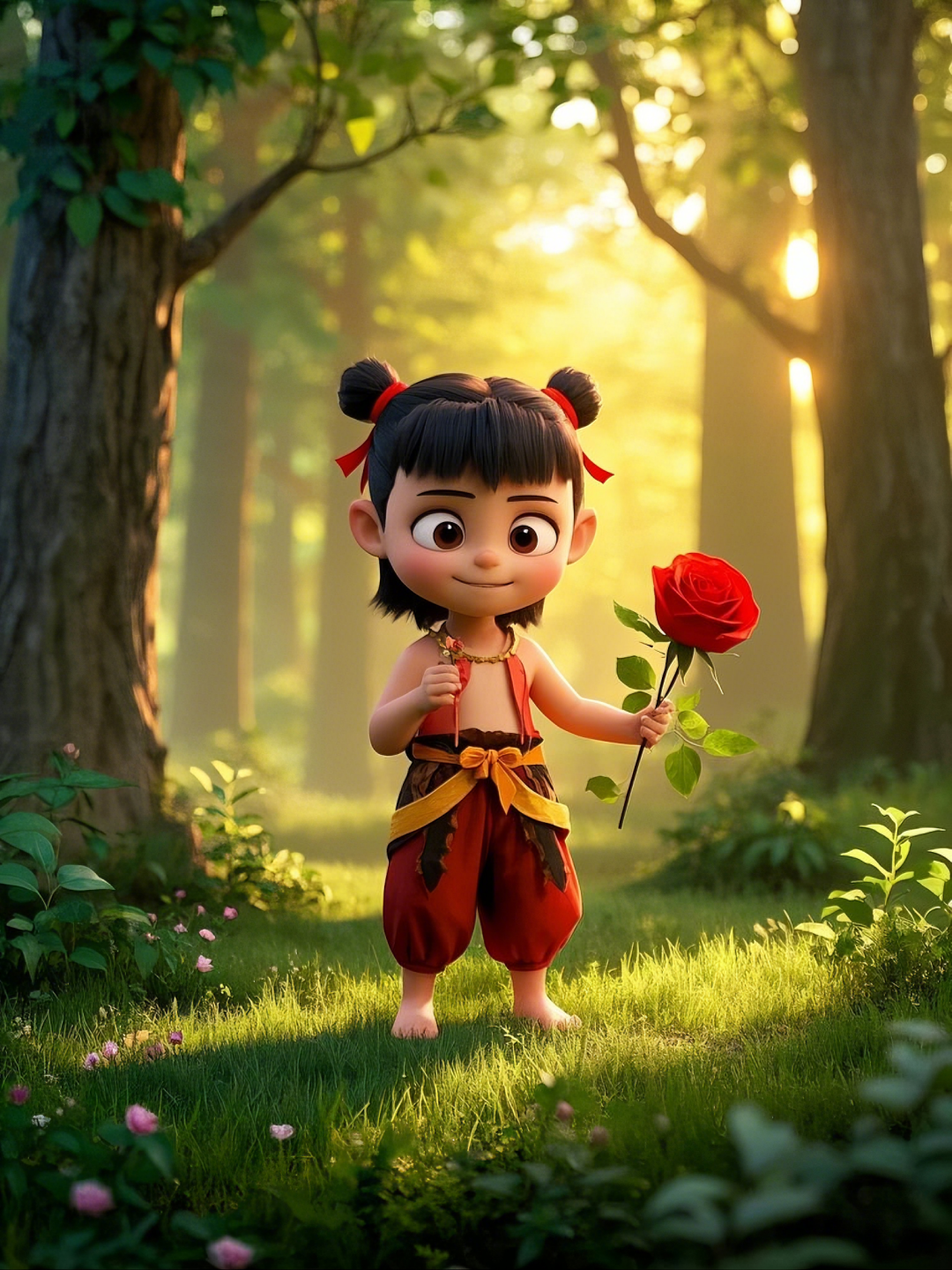 即梦AI【哪吒系列】| 吒儿会浪漫，手捧玫瑰花，女神节画面美到哭！