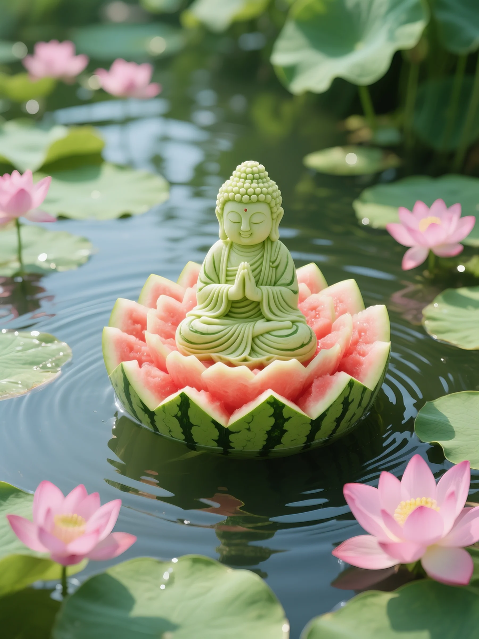 即梦AI 【水果】【西瓜】| 暑日修禅,炽火化凉~荷香漫漫,附提示词