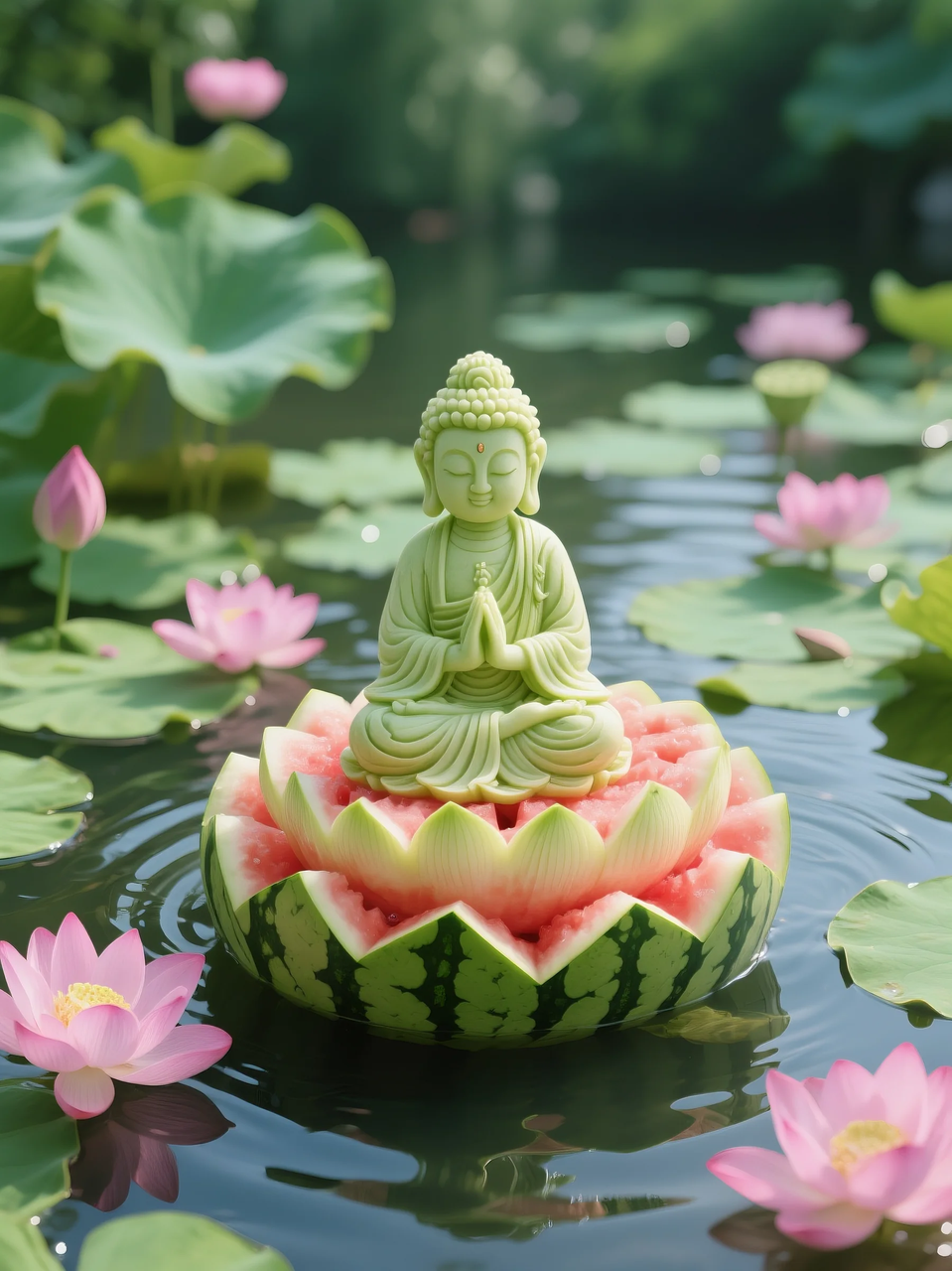 即梦AI 【水果】【西瓜】| 暑日修禅,炽火化凉~荷香漫漫,附提示词