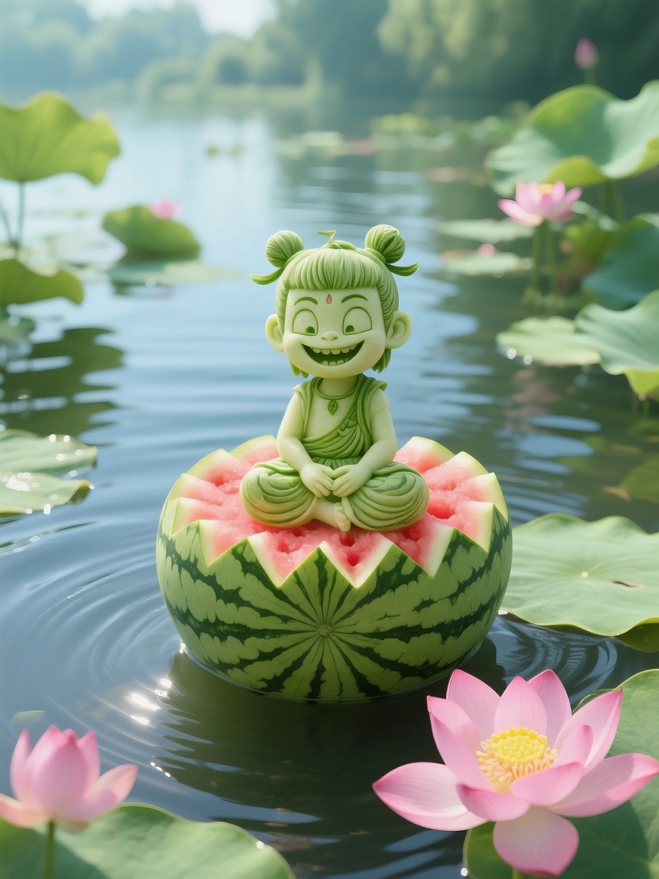 即梦AI 【水果】【西瓜】| 暑日修禅,炽火化凉~荷香漫漫,附提示词