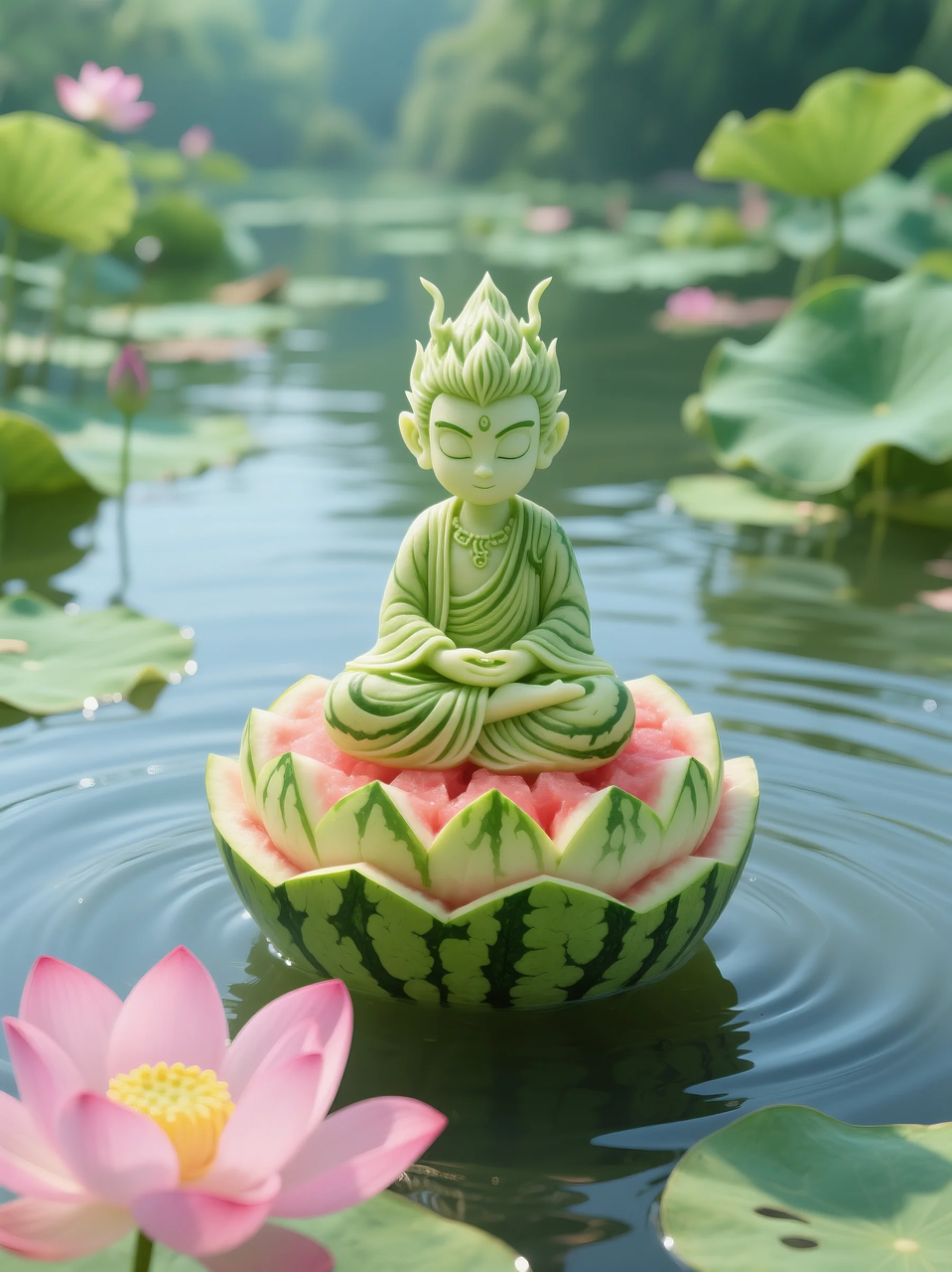 即梦AI 【水果】【西瓜】| 暑日修禅,炽火化凉~荷香漫漫,附提示词