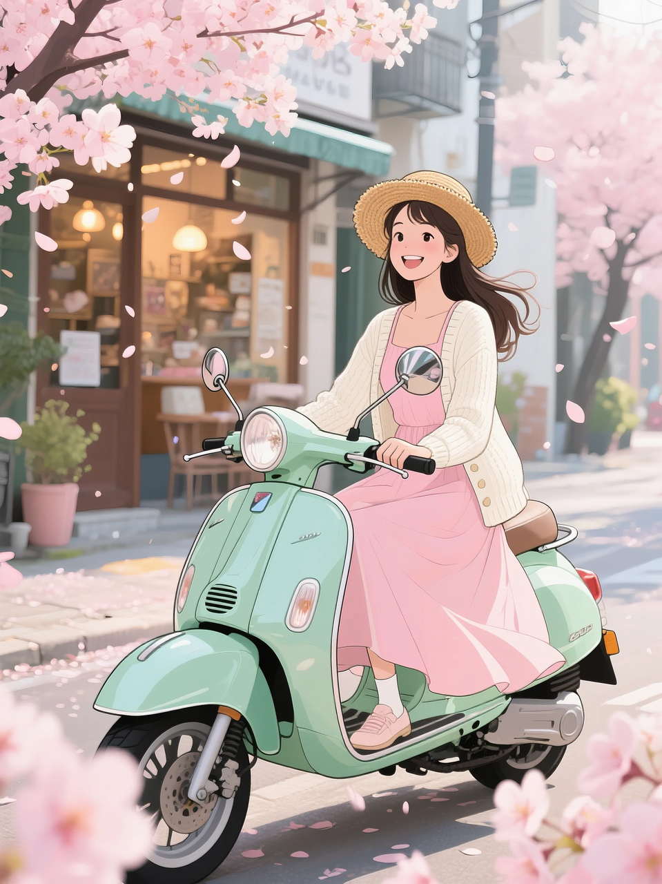 即梦AI 【二次元动漫】| 美女与机车,可爱治愈系风格,附提示词