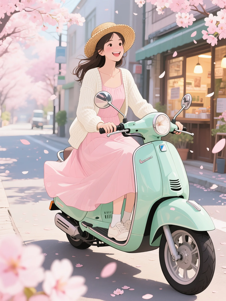 即梦AI 【二次元动漫】| 美女与机车,可爱治愈系风格,附提示词