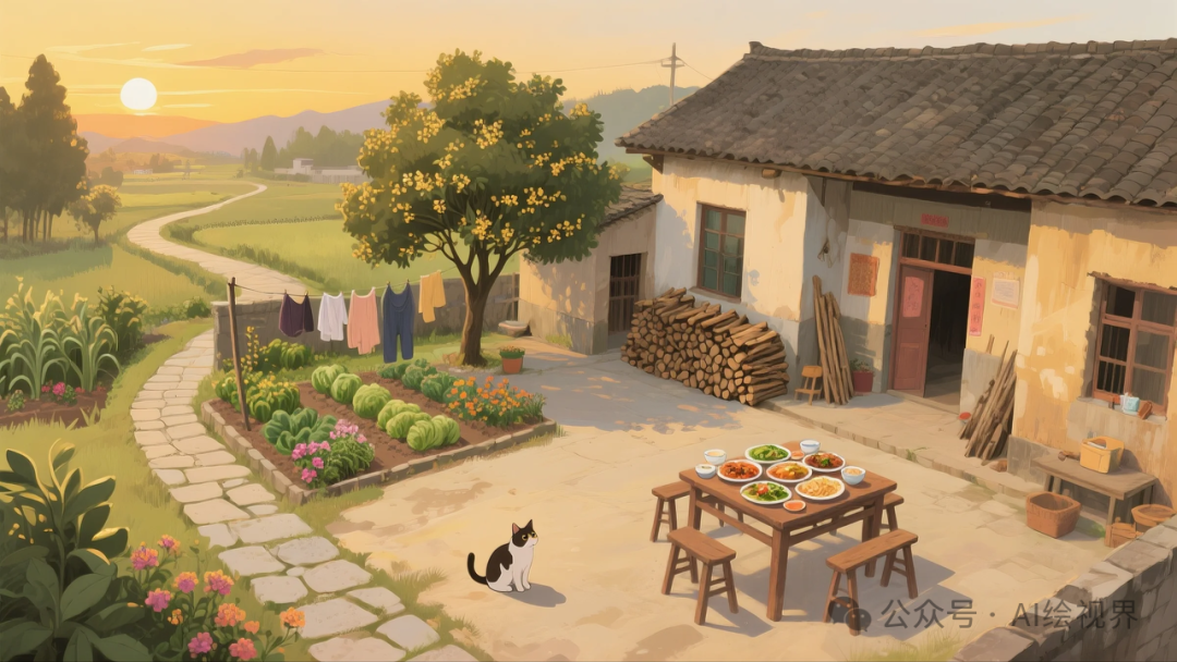 即梦AI 【怀旧主题】| AI 笔下的 10 款 80 年代农家大院治愈系插画，哪一幅勾起你的乡愁？