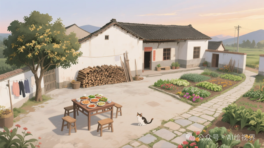 即梦AI 【怀旧主题】| AI 笔下的 10 款 80 年代农家大院治愈系插画，哪一幅勾起你的乡愁？