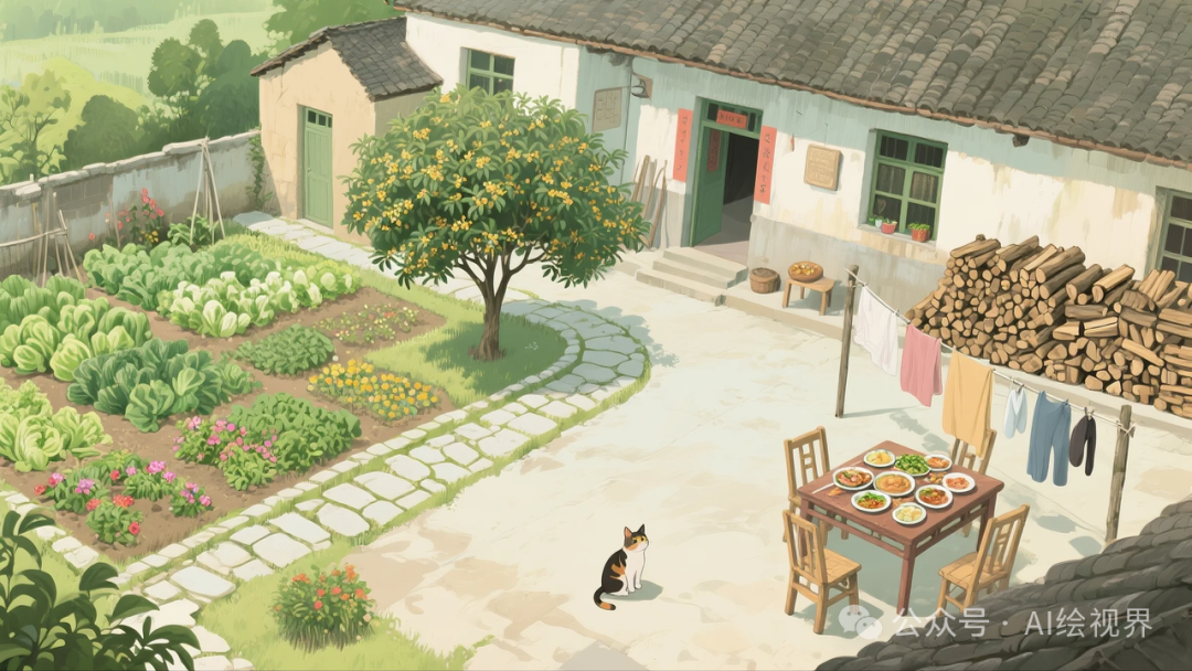 即梦AI 【怀旧主题】| AI 笔下的 10 款 80 年代农家大院治愈系插画，哪一幅勾起你的乡愁？
