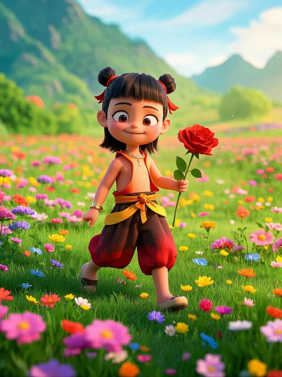 即梦AI【哪吒系列】| 吒儿会浪漫，手捧玫瑰花，女神节画面美到哭！