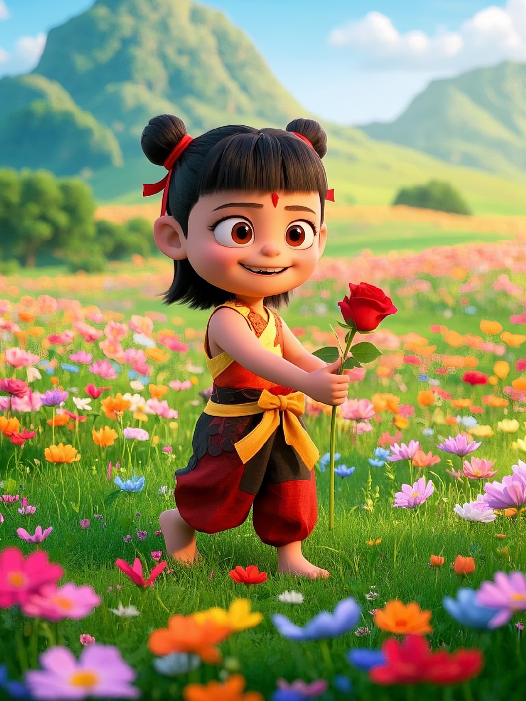 即梦AI【哪吒系列】| 吒儿会浪漫，手捧玫瑰花，女神节画面美到哭！