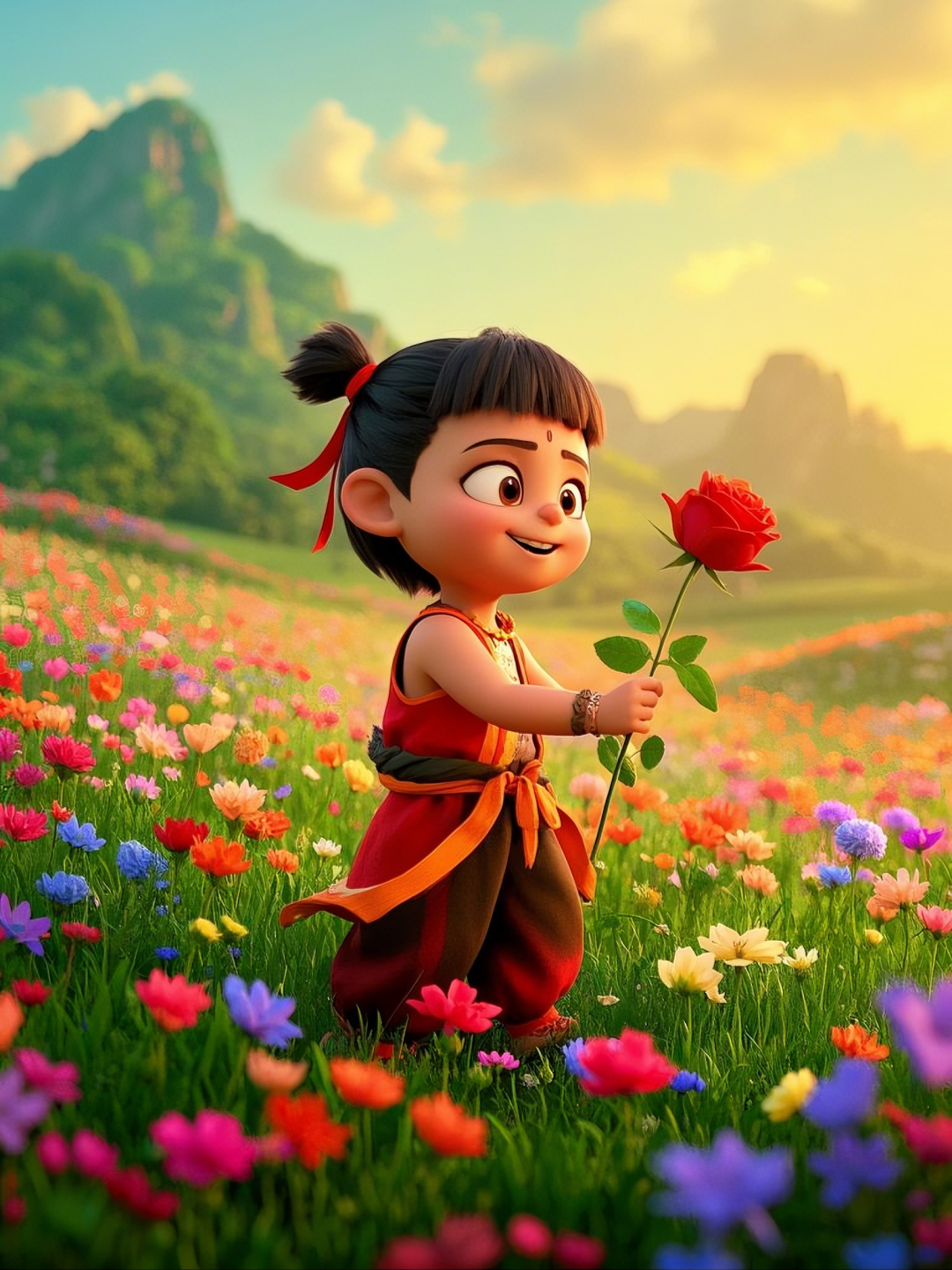 即梦AI【哪吒系列】| 吒儿会浪漫，手捧玫瑰花，女神节画面美到哭！