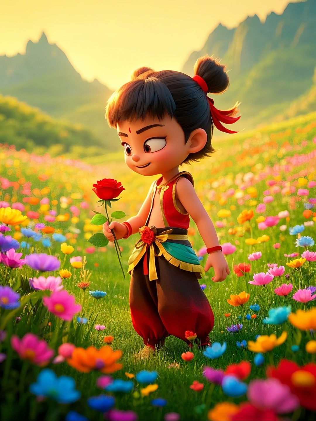 即梦AI【哪吒系列】| 吒儿会浪漫，手捧玫瑰花，女神节画面美到哭！