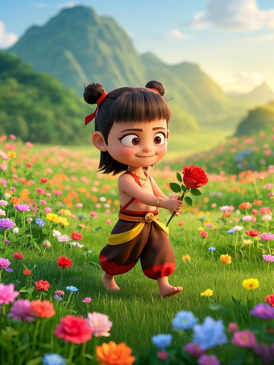 即梦AI【哪吒系列】| 吒儿会浪漫，手捧玫瑰花，女神节画面美到哭！