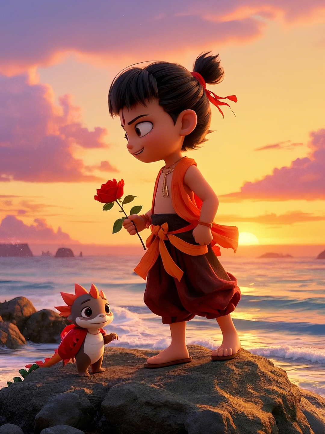 即梦AI【哪吒系列】| 吒儿会浪漫，手捧玫瑰花，女神节画面美到哭！