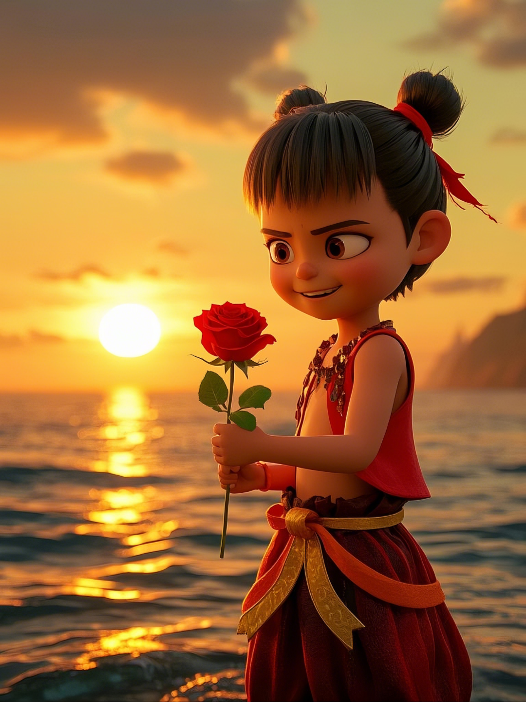 即梦AI【哪吒系列】| 吒儿会浪漫，手捧玫瑰花，女神节画面美到哭！