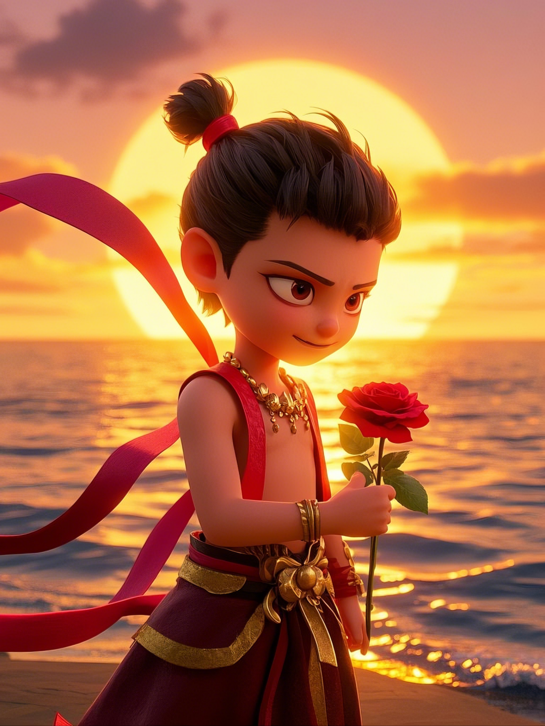 即梦AI【哪吒系列】| 吒儿会浪漫，手捧玫瑰花，女神节画面美到哭！