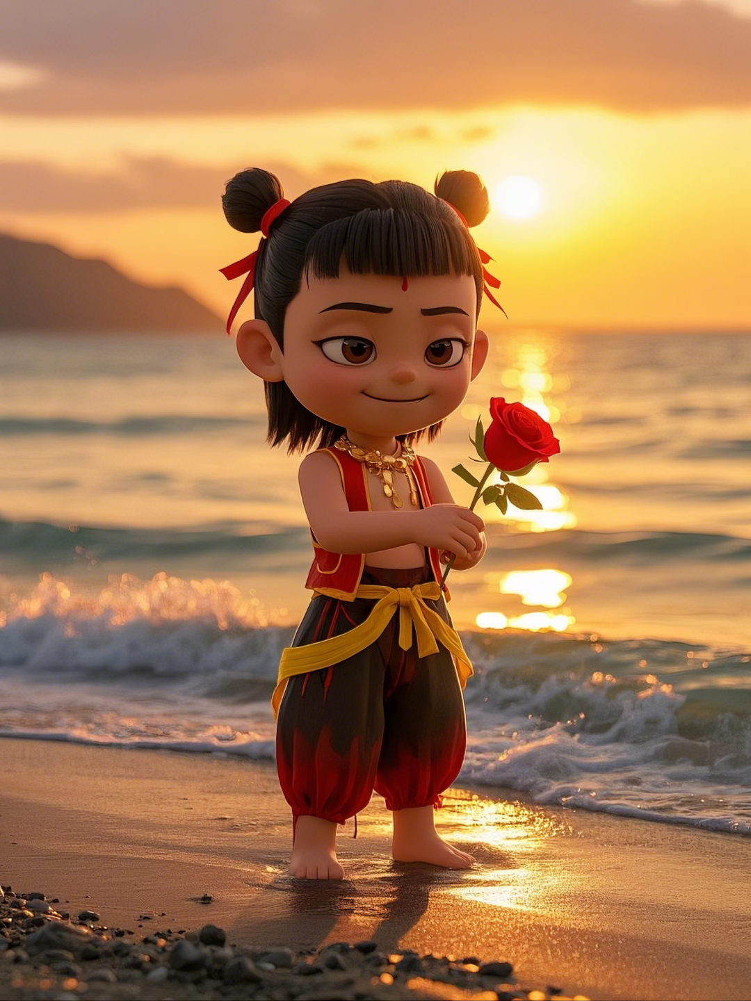 即梦AI【哪吒系列】| 吒儿会浪漫，手捧玫瑰花，女神节画面美到哭！