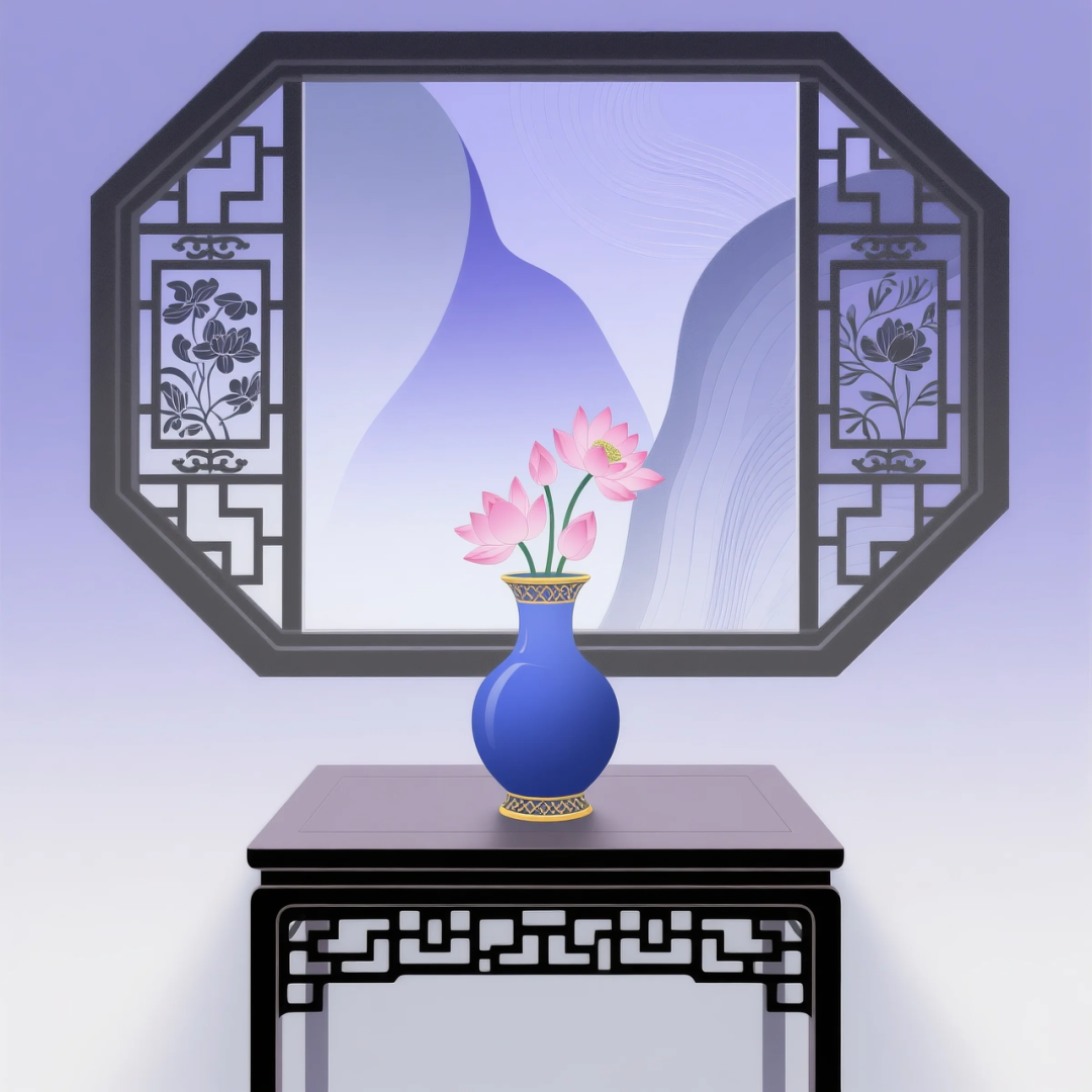 即梦AI 【东方美学】| 新中式扁平插画,花窗与花瓶之美,附提示词