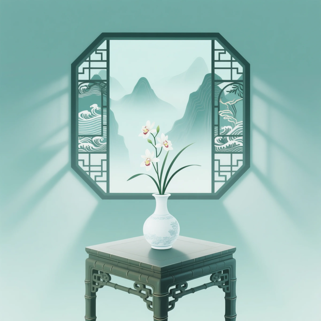 即梦AI 【东方美学】| 新中式扁平插画,花窗与花瓶之美,附提示词