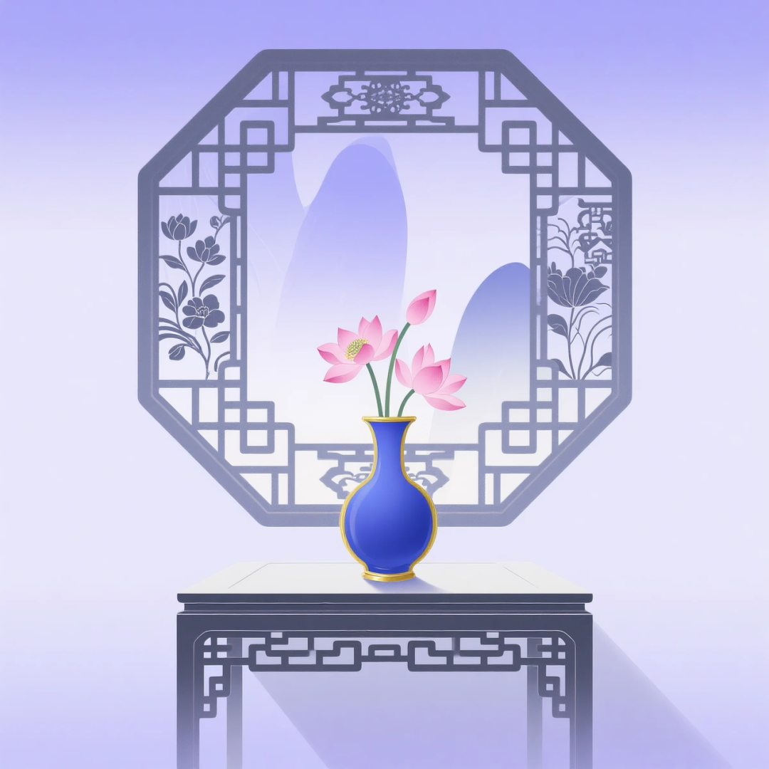 即梦AI 【东方美学】| 新中式扁平插画,花窗与花瓶之美,附提示词