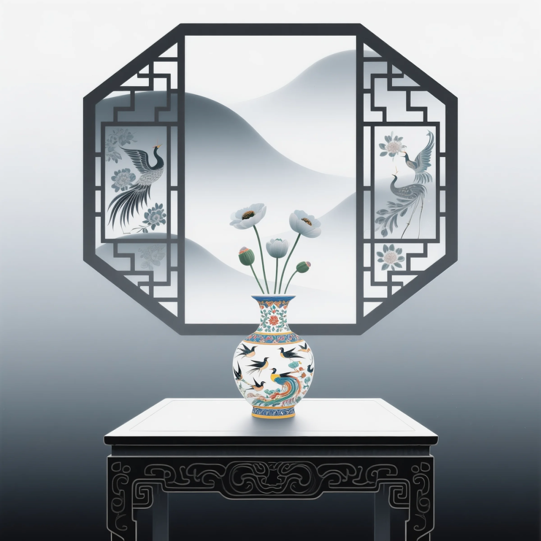 即梦AI 【东方美学】| 新中式扁平插画,花窗与花瓶之美,附提示词