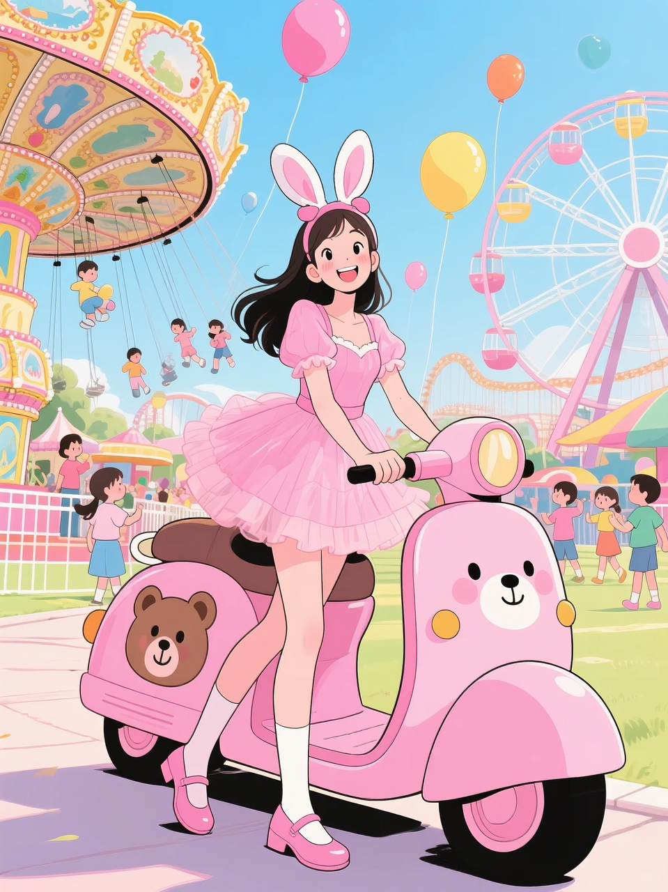 即梦AI 【二次元动漫】| 美女与机车,可爱治愈系风格,附提示词