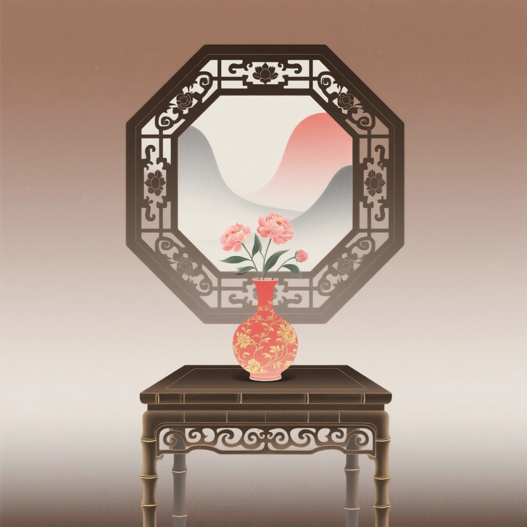 即梦AI 【东方美学】| 新中式扁平插画,花窗与花瓶之美,附提示词