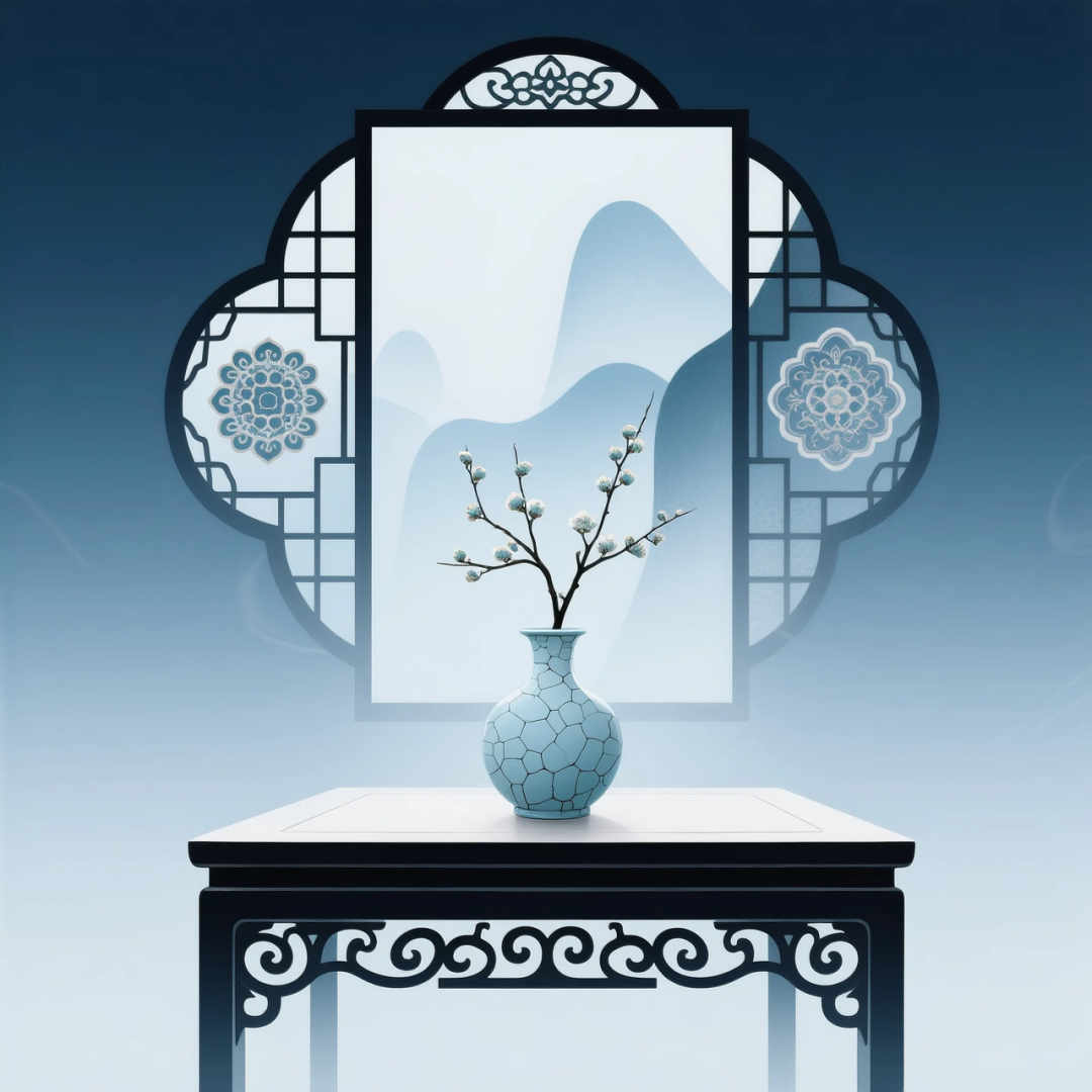 即梦AI 【东方美学】| 新中式扁平插画,花窗与花瓶之美,附提示词