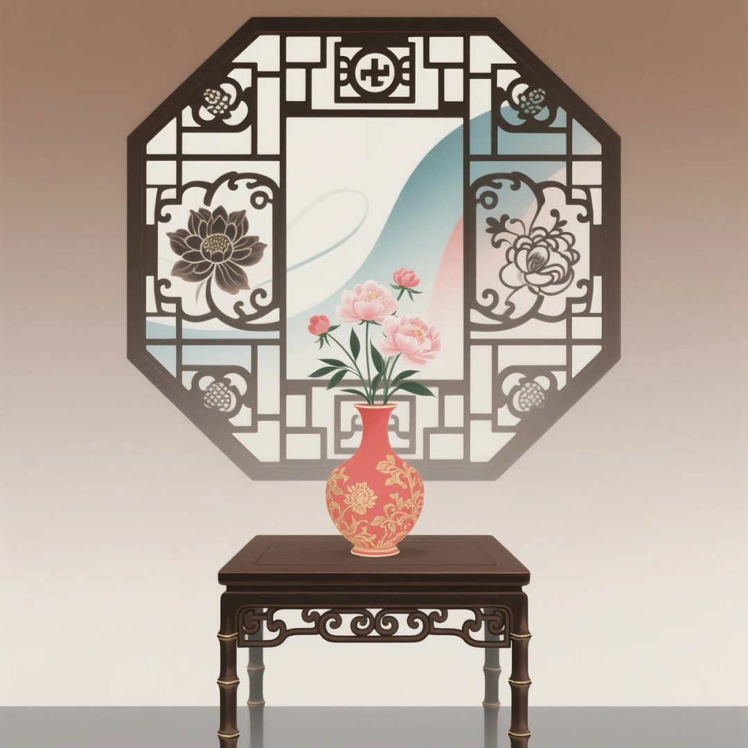 即梦AI 【东方美学】| 新中式扁平插画,花窗与花瓶之美,附提示词
