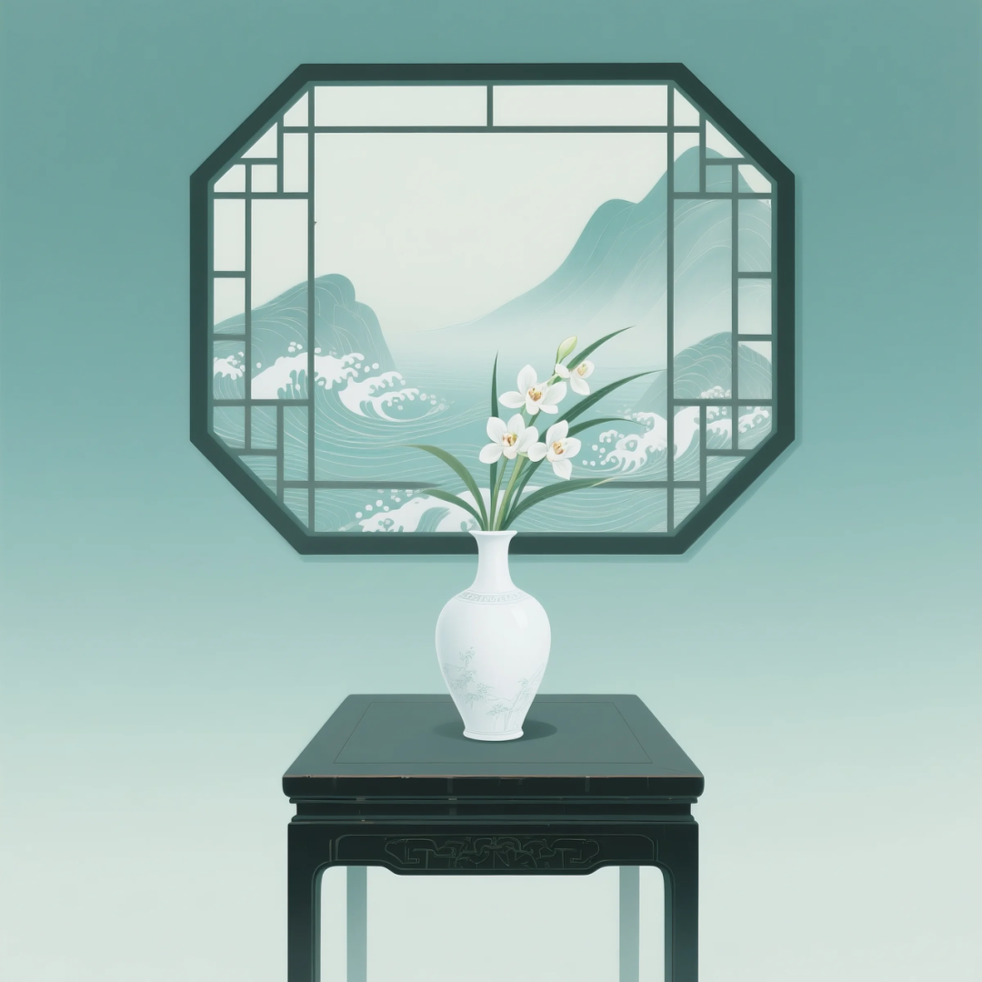 即梦AI 【东方美学】| 新中式扁平插画,花窗与花瓶之美,附提示词