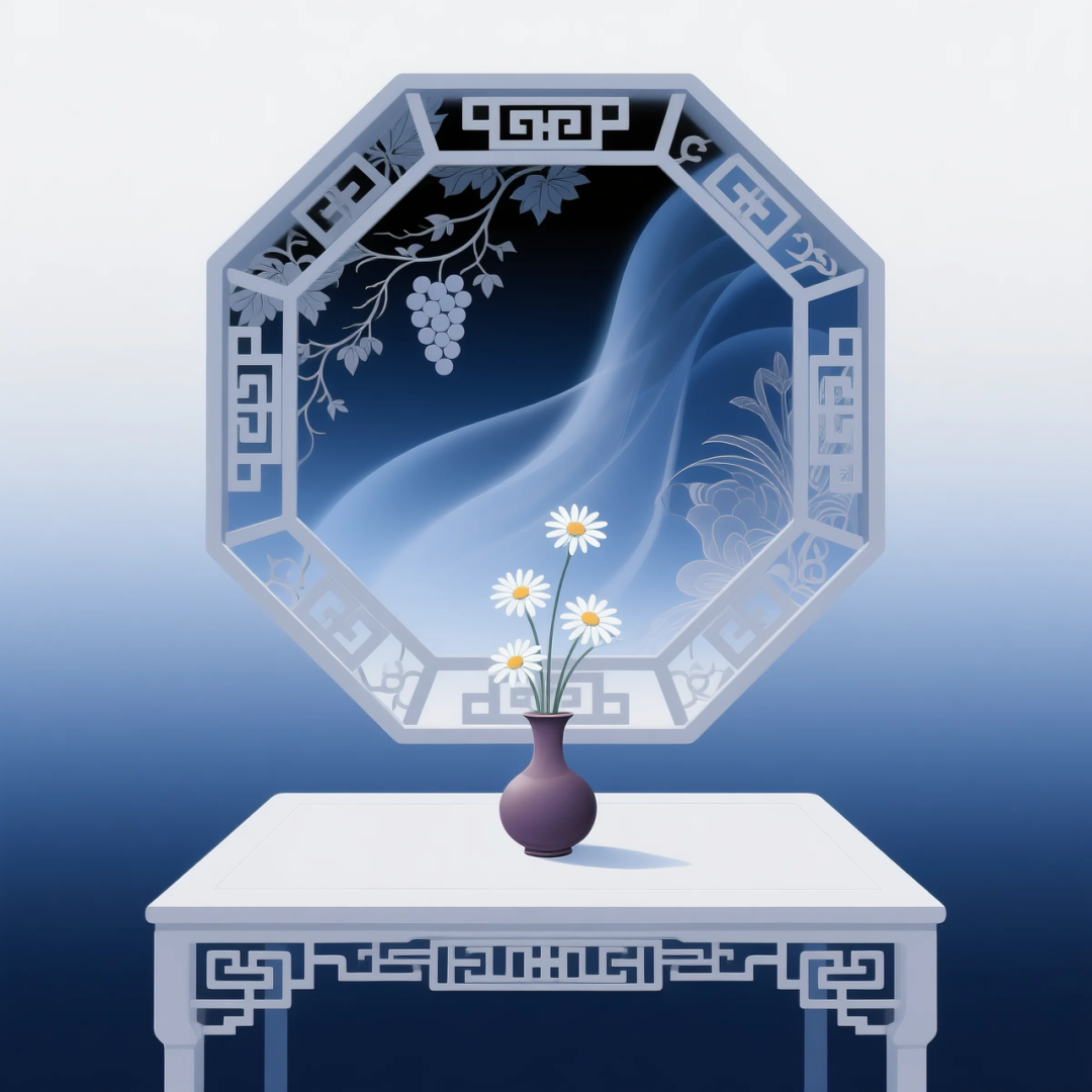 即梦AI 【东方美学】| 新中式扁平插画,花窗与花瓶之美,附提示词