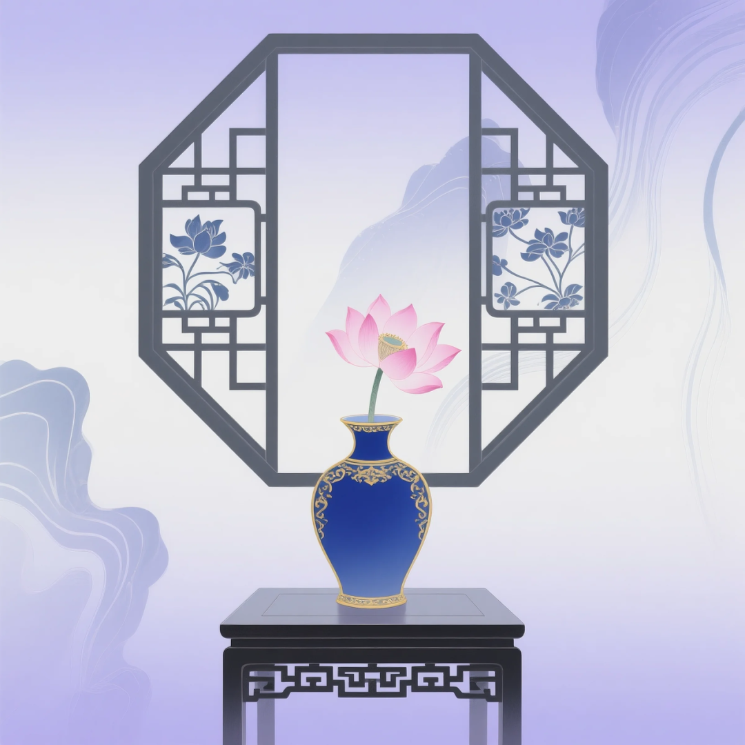 即梦AI 【东方美学】| 新中式扁平插画,花窗与花瓶之美,附提示词