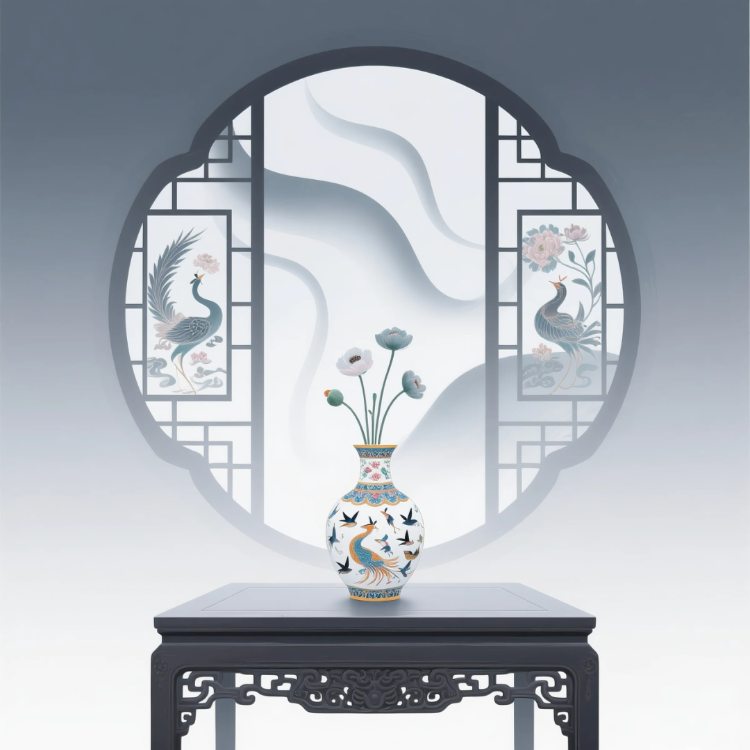 即梦AI 【东方美学】| 新中式扁平插画,花窗与花瓶之美,附提示词