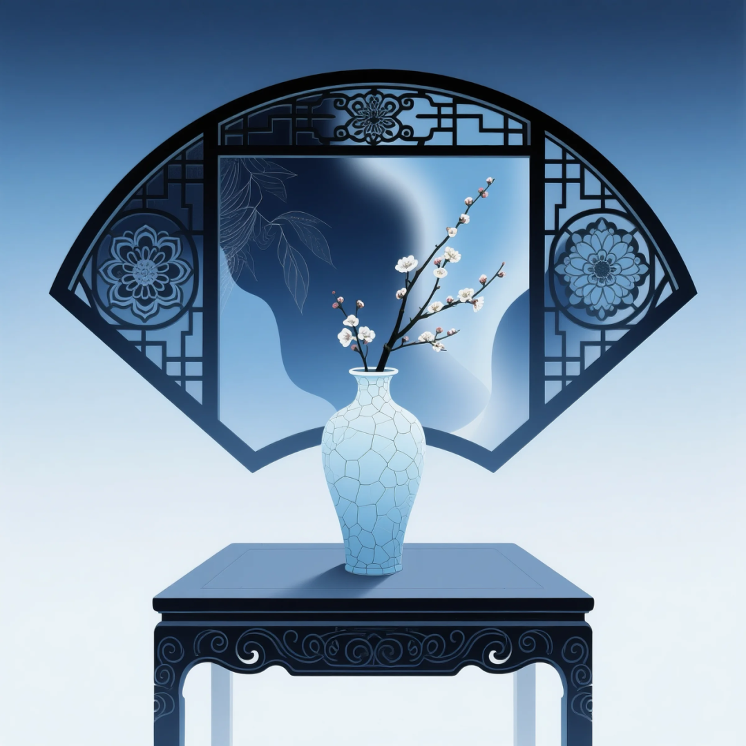 即梦AI 【东方美学】| 新中式扁平插画,花窗与花瓶之美,附提示词