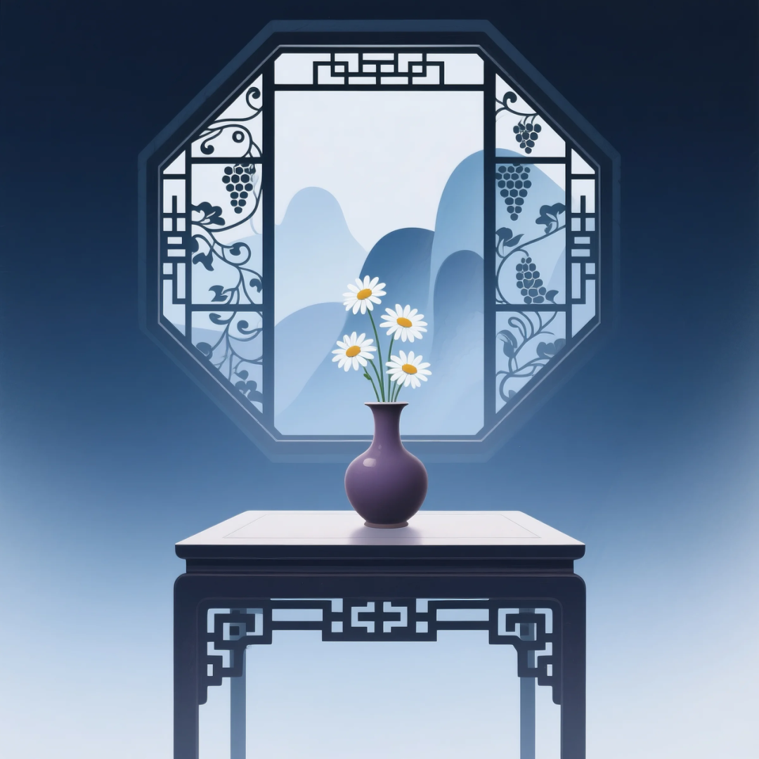 即梦AI 【东方美学】| 新中式扁平插画,花窗与花瓶之美,附提示词