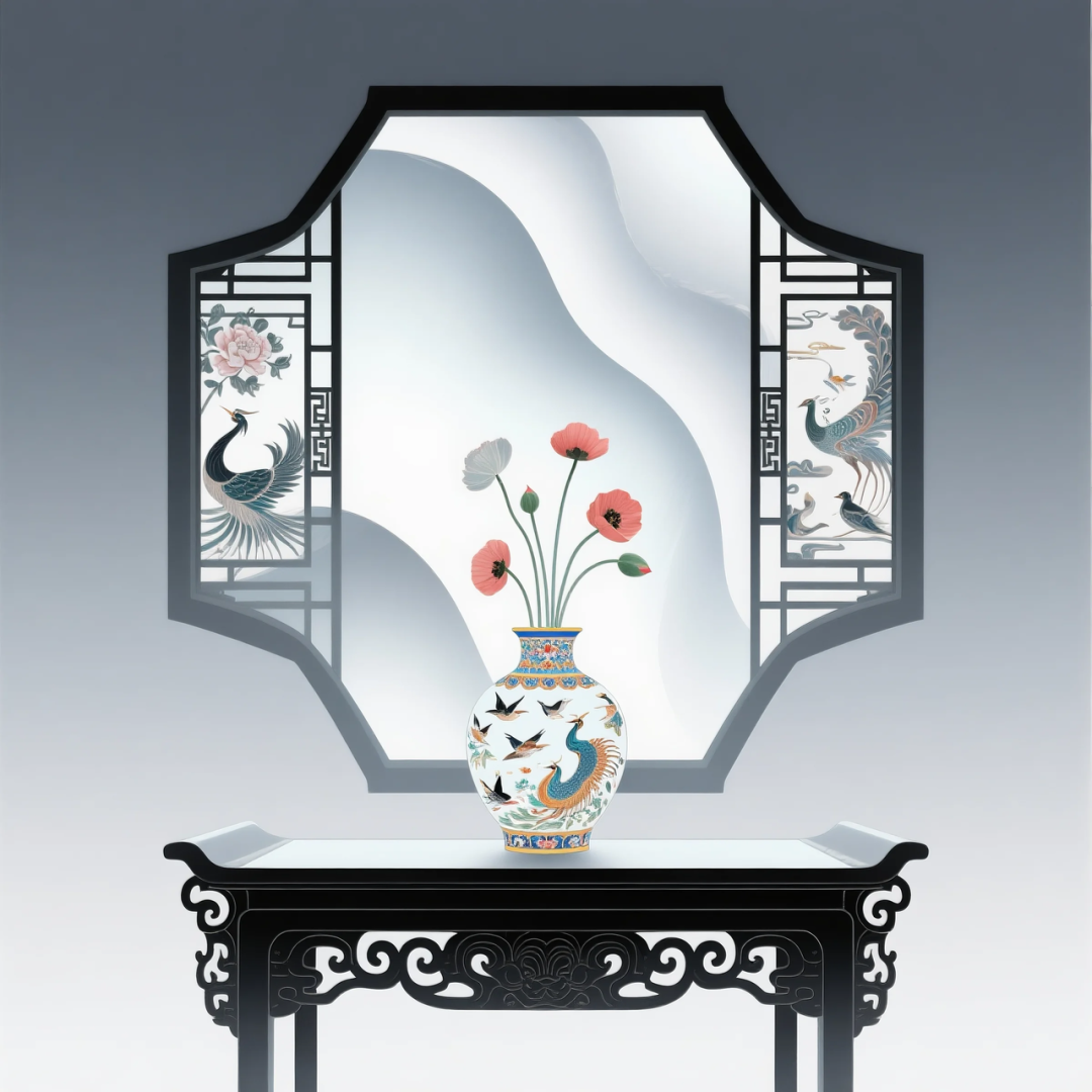 即梦AI 【东方美学】| 新中式扁平插画,花窗与花瓶之美,附提示词
