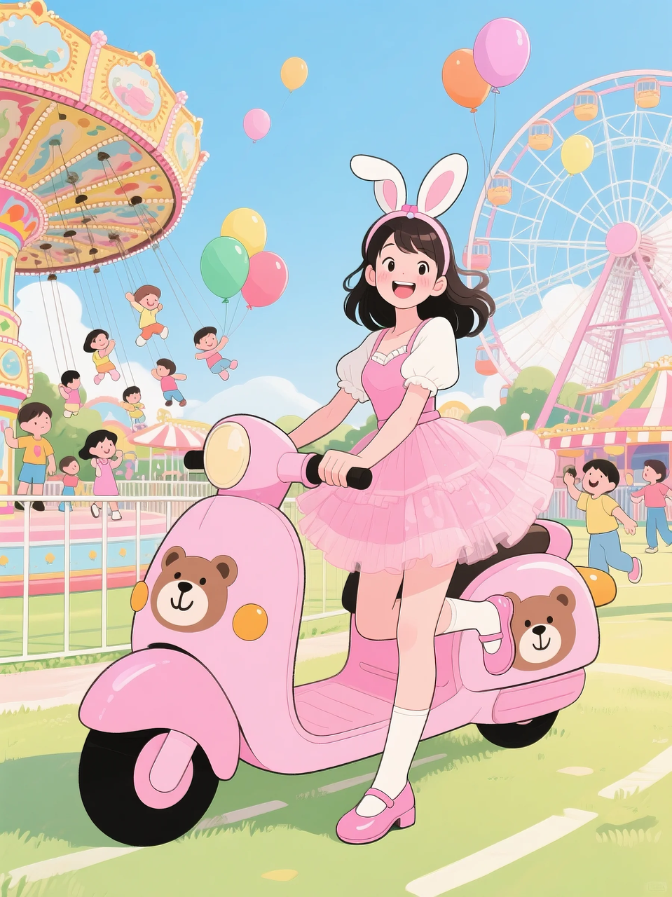 即梦AI 【二次元动漫】| 美女与机车,可爱治愈系风格,附提示词