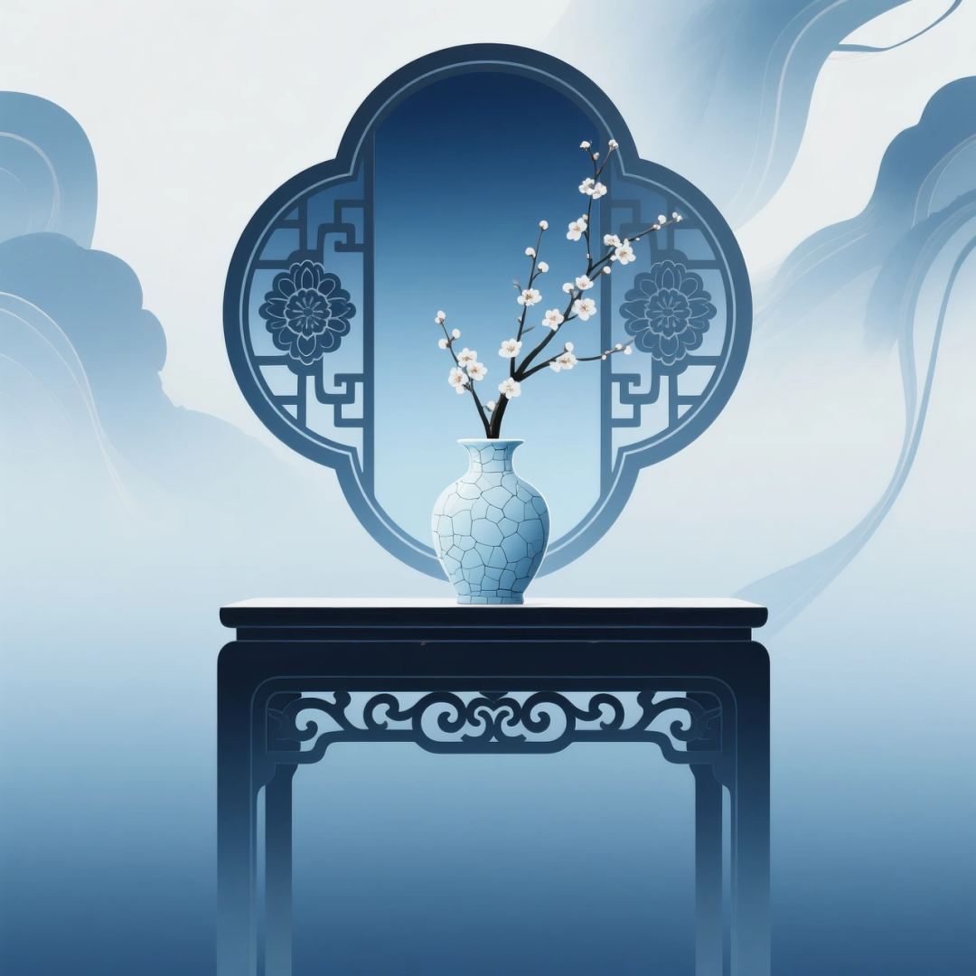即梦AI 【东方美学】| 新中式扁平插画,花窗与花瓶之美,附提示词
