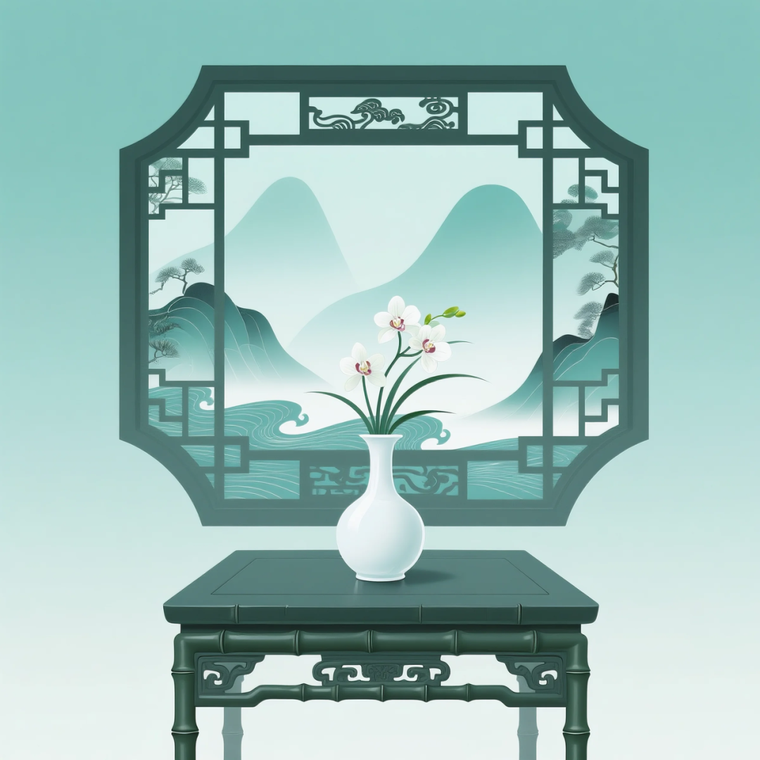 即梦AI 【东方美学】| 新中式扁平插画,花窗与花瓶之美,附提示词