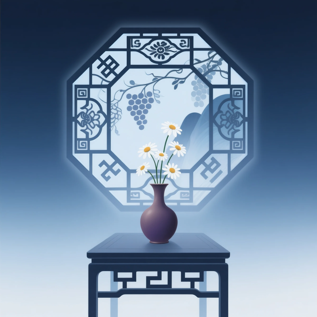 即梦AI 【东方美学】| 新中式扁平插画,花窗与花瓶之美,附提示词