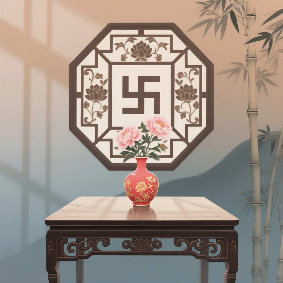 即梦AI 【东方美学】| 新中式扁平插画,花窗与花瓶之美,附提示词