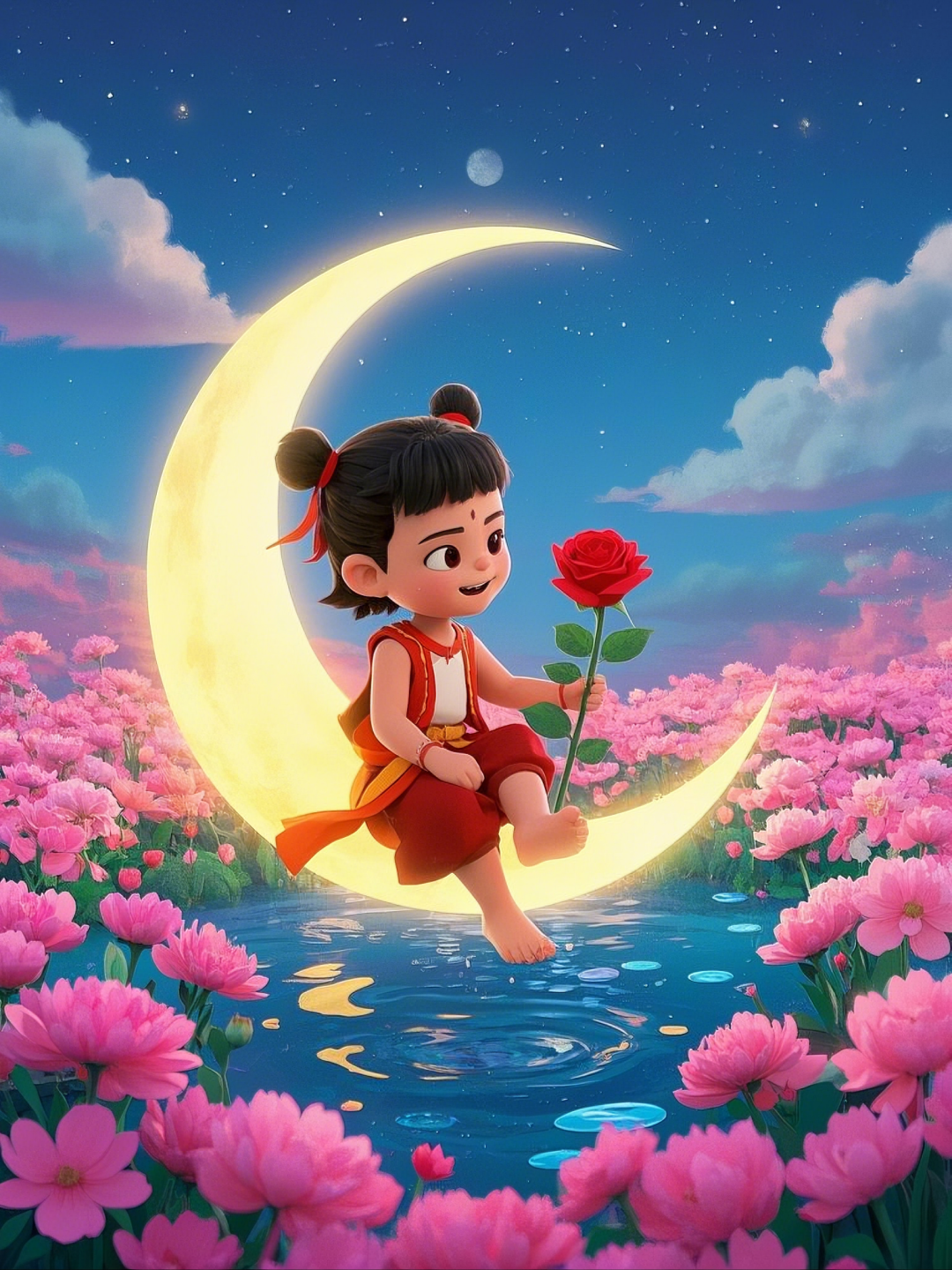 即梦AI【哪吒系列】| 吒儿会浪漫，手捧玫瑰花，女神节画面美到哭！