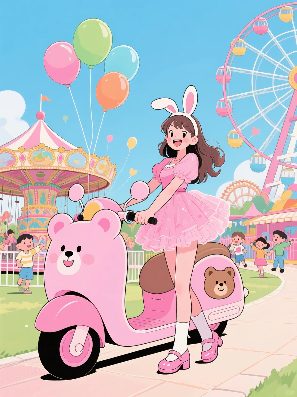 即梦AI 【二次元动漫】| 美女与机车,可爱治愈系风格,附提示词