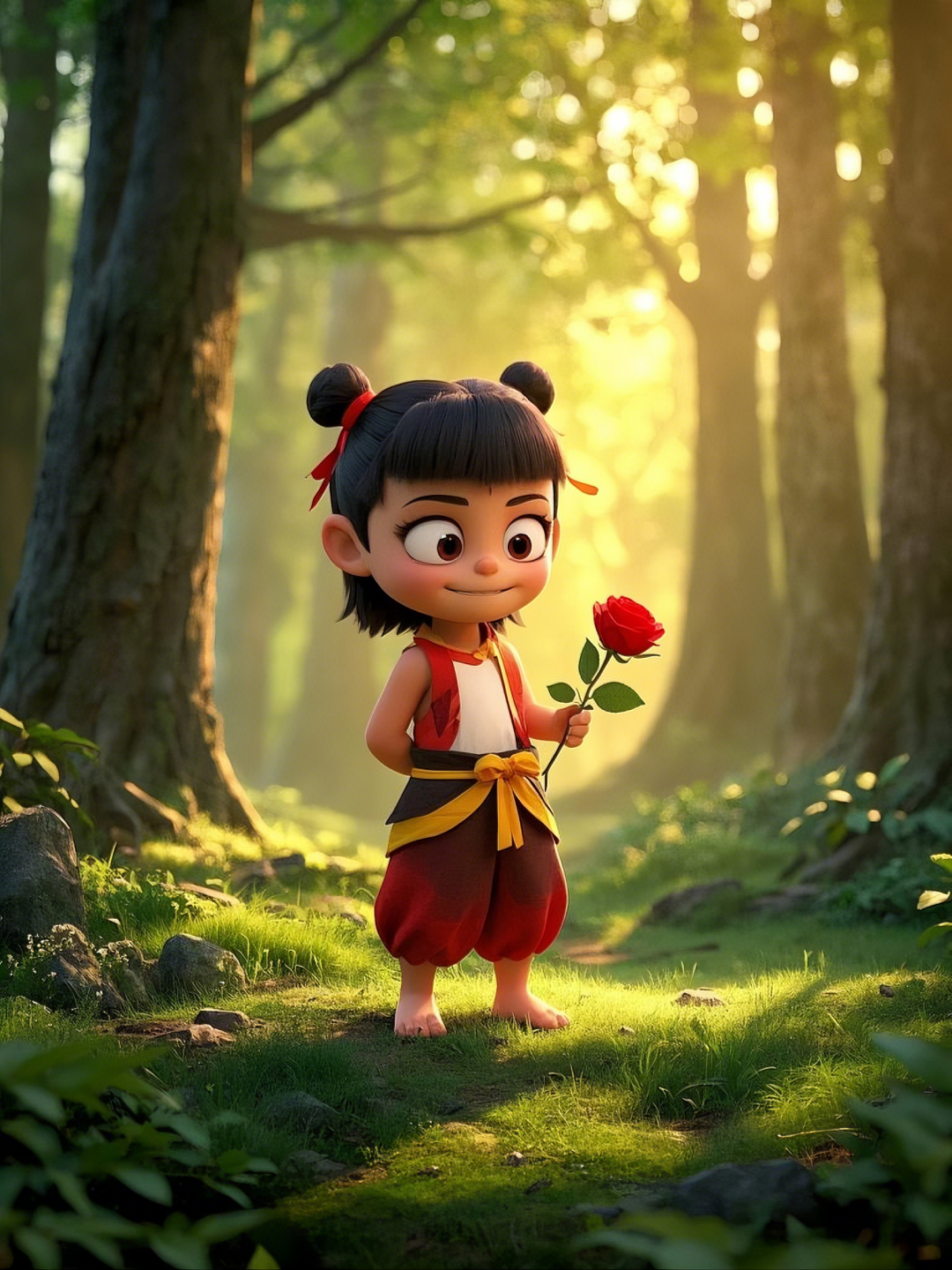 即梦AI【哪吒系列】| 吒儿会浪漫，手捧玫瑰花，女神节画面美到哭！