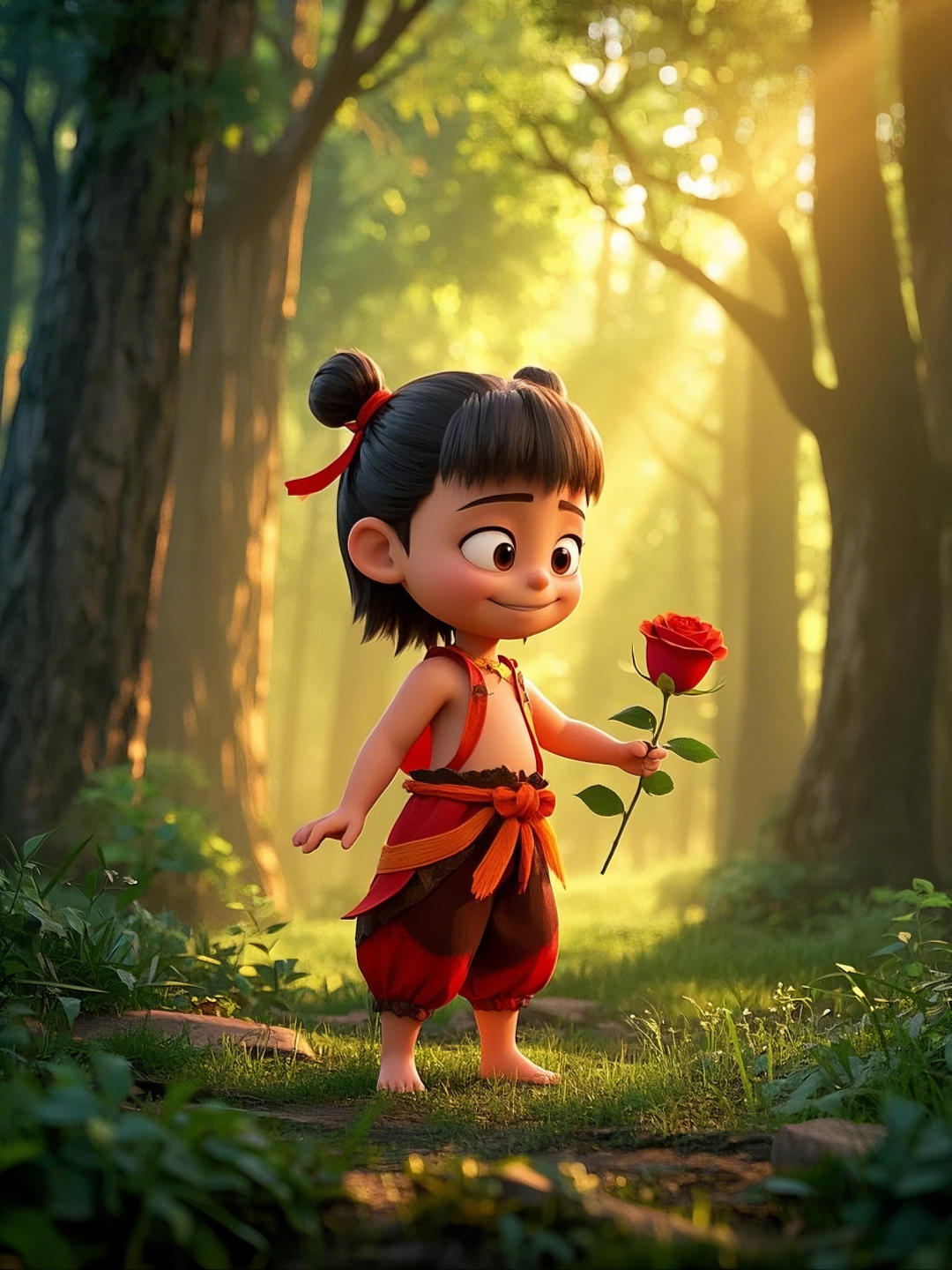 即梦AI【哪吒系列】| 吒儿会浪漫，手捧玫瑰花，女神节画面美到哭！