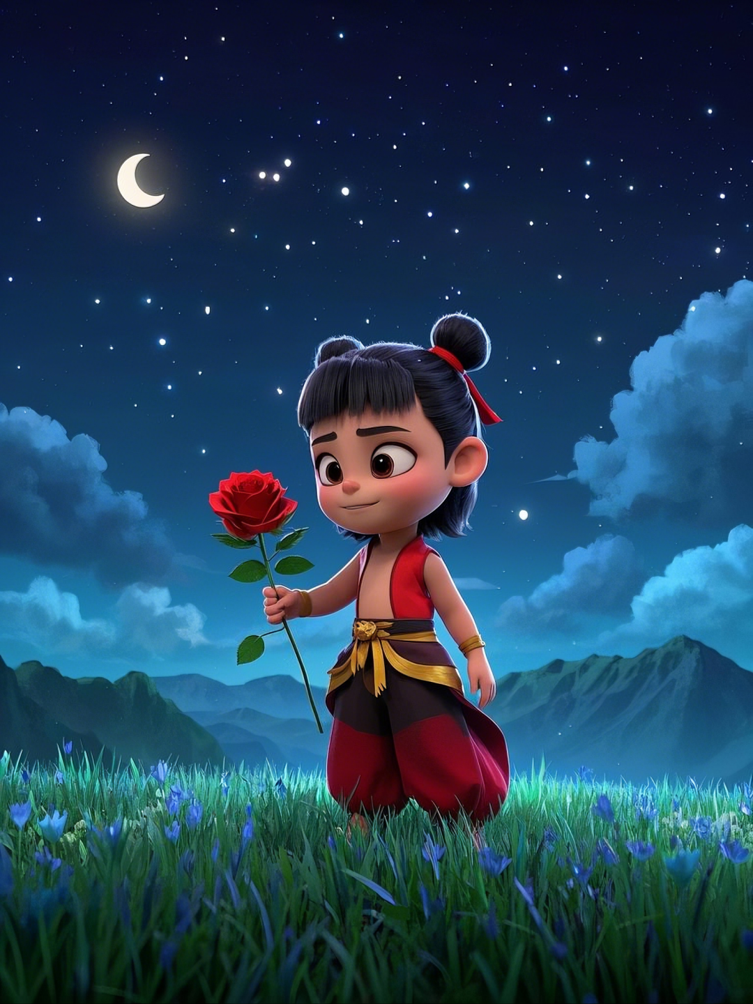 即梦AI【哪吒系列】| 吒儿会浪漫，手捧玫瑰花，女神节画面美到哭！