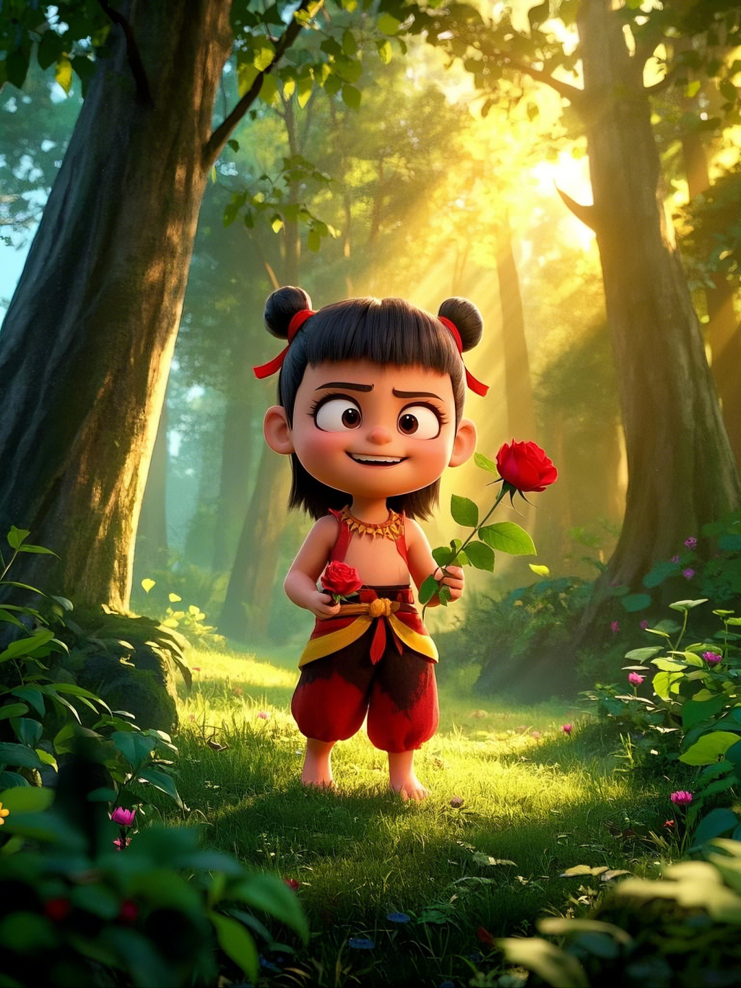 即梦AI【哪吒系列】| 吒儿会浪漫，手捧玫瑰花，女神节画面美到哭！